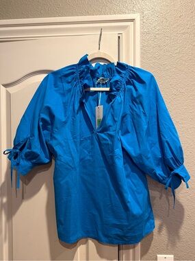 NWT Sophia Made In Italy Blue Ruffle Neck Tie Sleeve Blouse